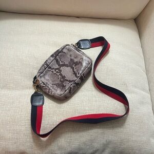 Clare V Snakeskin Print Crossbody Bag with Red and Navy Strap